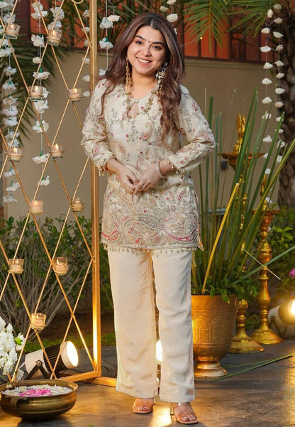 Cream Ethnic Motifs Embroidered Regular Thread Work Silk Crepe Kurti with Trousers