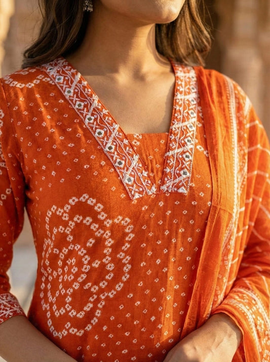 Rust Orange Printed Muslin Kurta and Pant Set with Dupatta