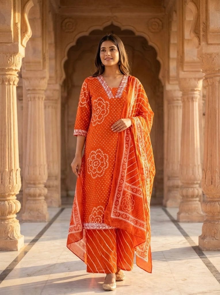 Rust Orange Printed Muslin Kurta and Pant Set with Dupatta