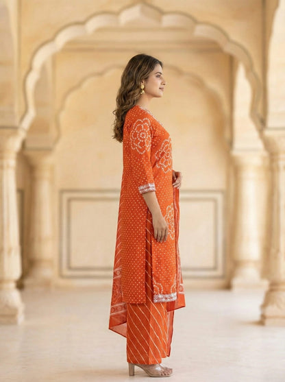 Rust Orange Printed Muslin Kurta and Pant Set with Dupatta