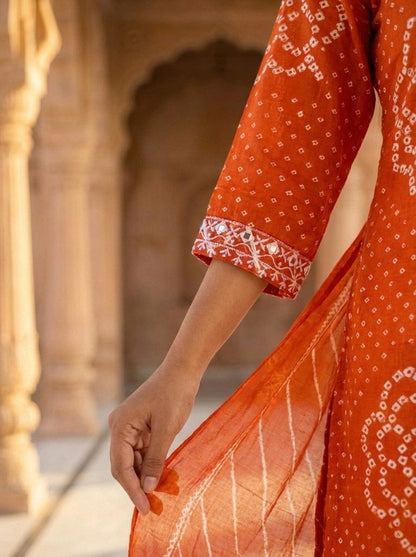 Rust Orange Printed Muslin Kurta and Pant Set with Dupatta