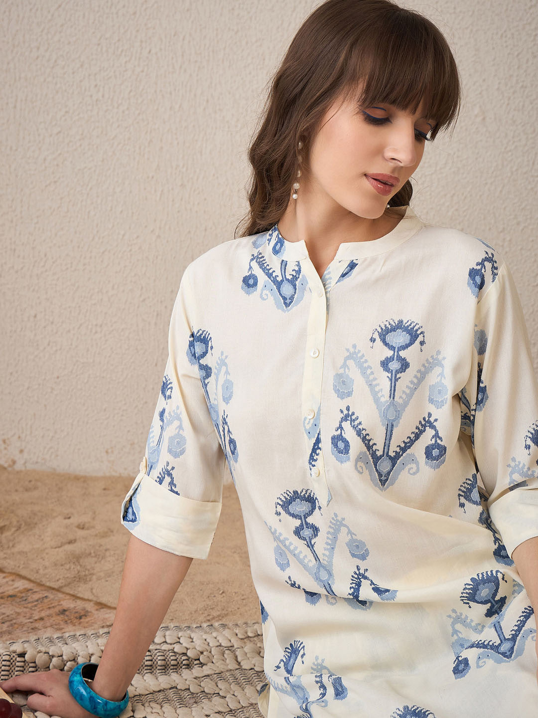 White Printed Cotton Flex Kurta and Pant Set