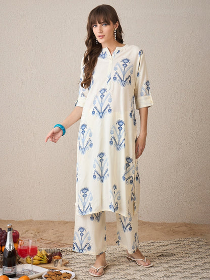 White Printed Cotton Flex Kurta and Pant Set