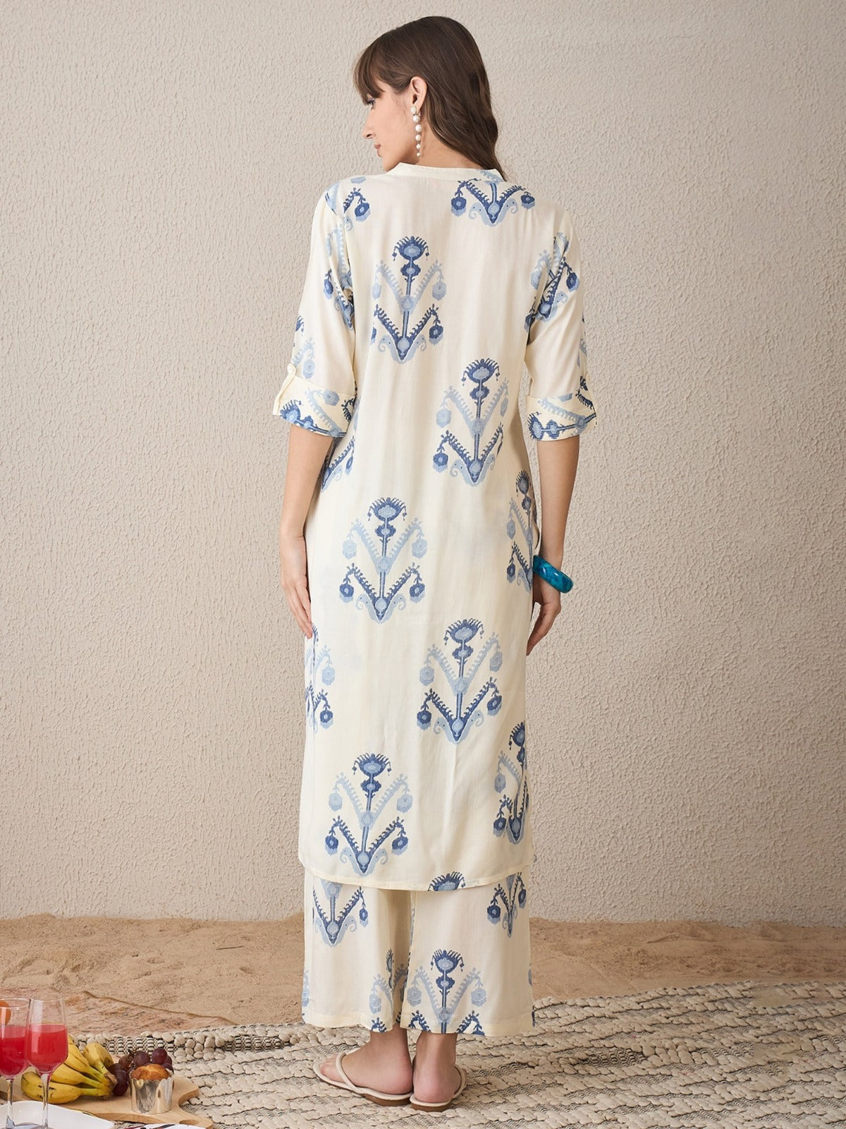 White Printed Cotton Flex Kurta and Pant Set