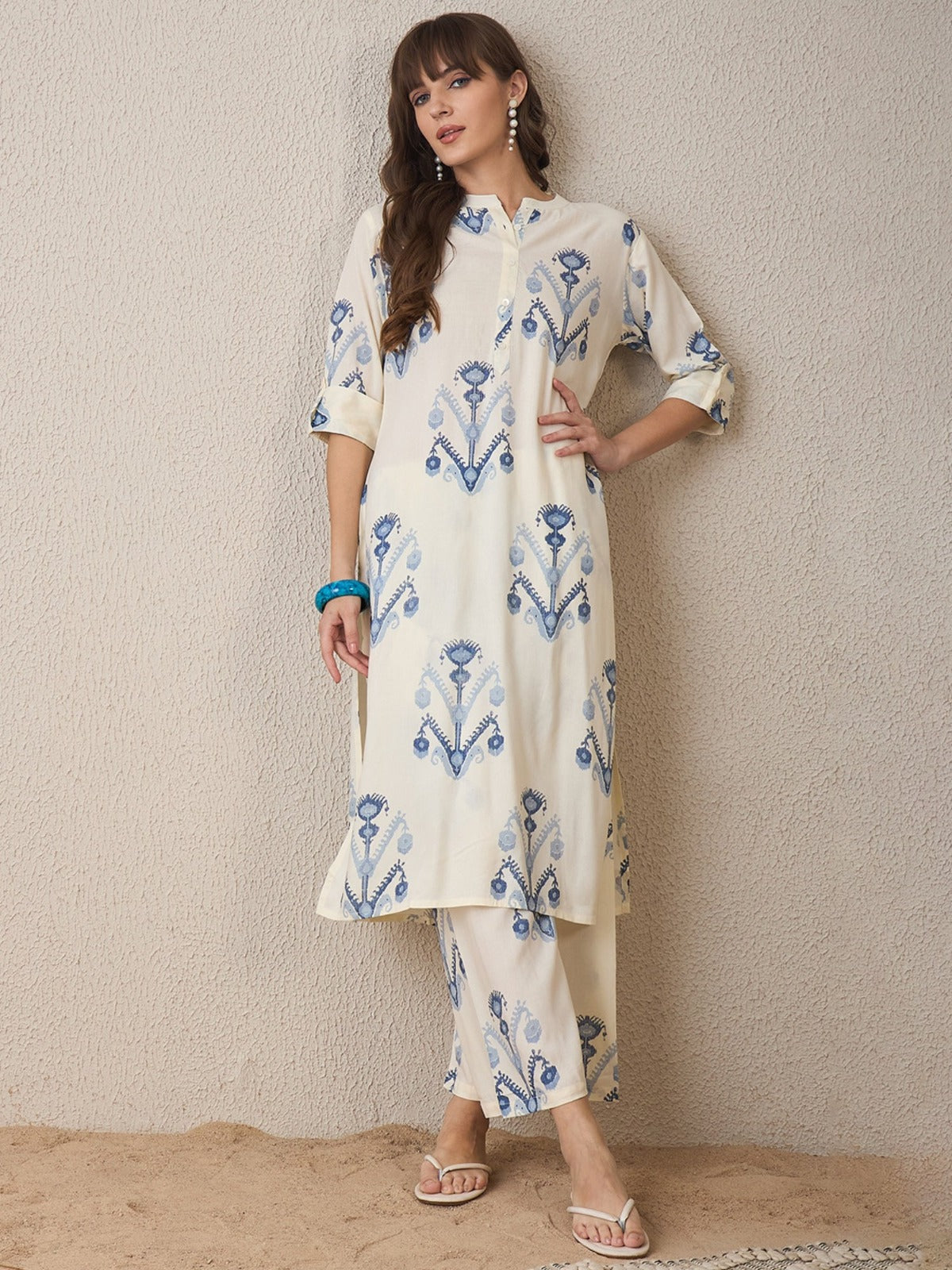 White Printed Cotton Flex Kurta and Pant Set