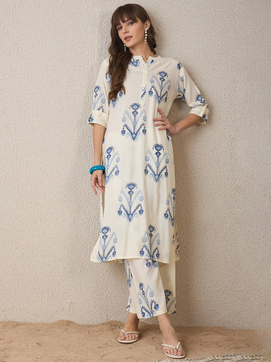 White Printed Cotton Flex Kurta and Pant Set