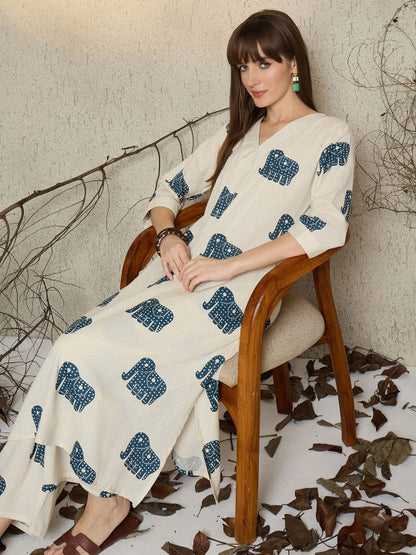 Off White Printed Cotton Flex Co-Ord Set