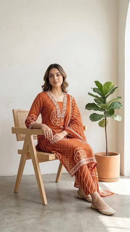Rust Orange Printed Muslin Kurta and Pant Set with Dupatta