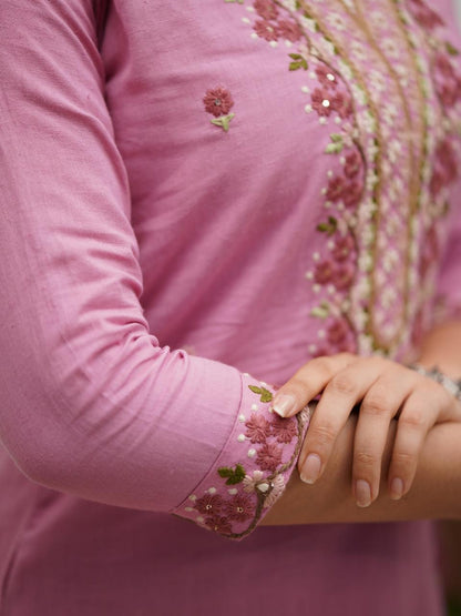 Pink Rose Embroidered Cotton Kurta and Pant Set with Dupatta