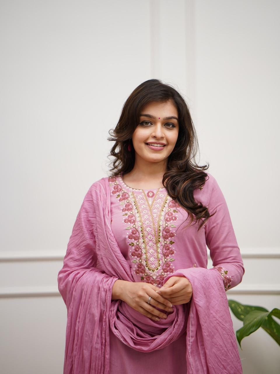 Pink Rose Embroidered Cotton Kurta and Pant Set with Dupatta