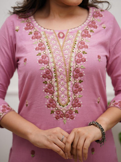 Pink Rose Embroidered Cotton Kurta and Pant Set with Dupatta