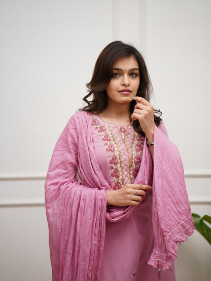 Pink Rose Embroidered Cotton Kurta and Pant Set with Dupatta