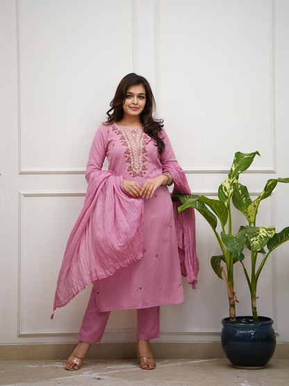 Pink Rose Embroidered Cotton Kurta and Pant Set with Dupatta