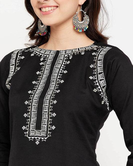 Black Embroidered Cotton Flex Kurta and Pant Set