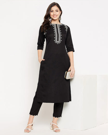 Black Embroidered Cotton Flex Kurta and Pant Set