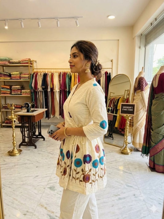 White Embroidered Rado Cotton Short Kurti