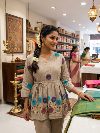 Grey Embroidered Rado Cotton Short Kurti