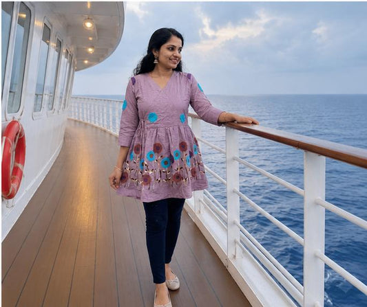 Purple Embroidered Rado Cotton Short Kurti
