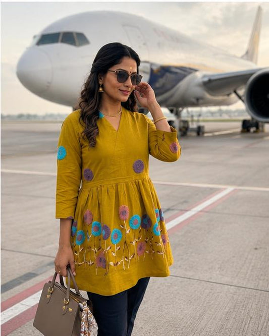 Mustard Yellow Embroidered Rado Cotton Short Kurti