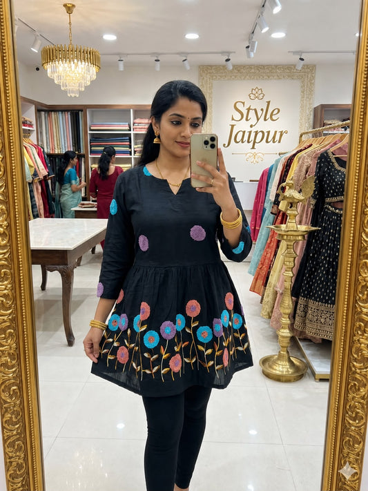 Black Embroidered Rado Cotton Short Kurti