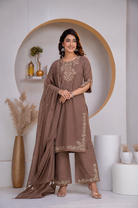 Greyish Brown Embroidered Cotton Kurta and Pant Set with Dupatta