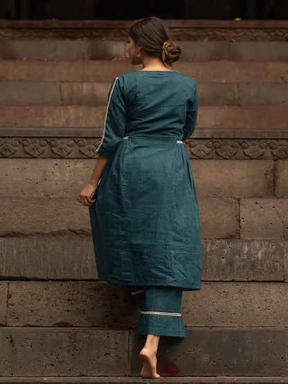 Teal Blue Lace Work Cotton Flex Kurta and Pant Set