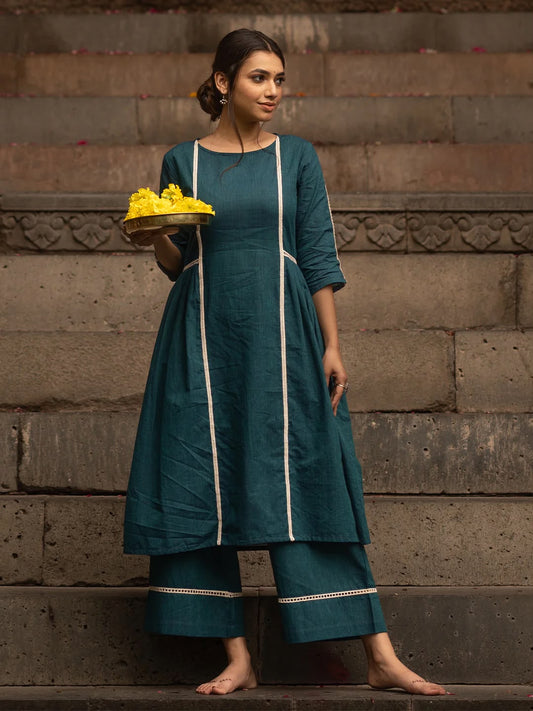 Teal Blue Lace Work Cotton Flex Kurta and Pant Set