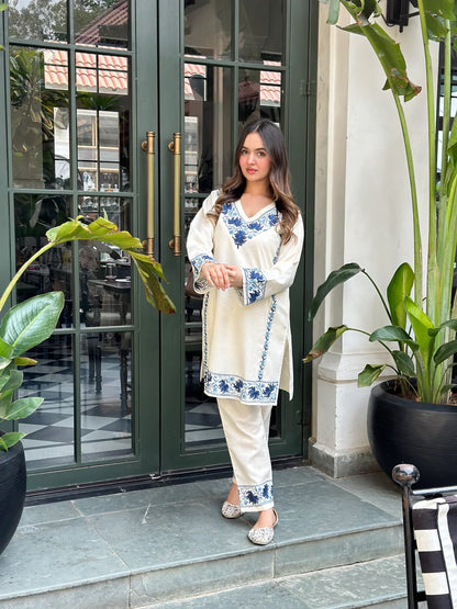 Off White Embroidered Cotton Flex Co-Ord Set