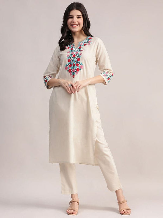 Off White Embriodered Cotton Flex Kurta and Pant Set