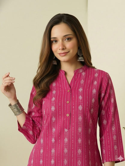 Deep Rose Printed Katha Cotton Farsi Salwar Set