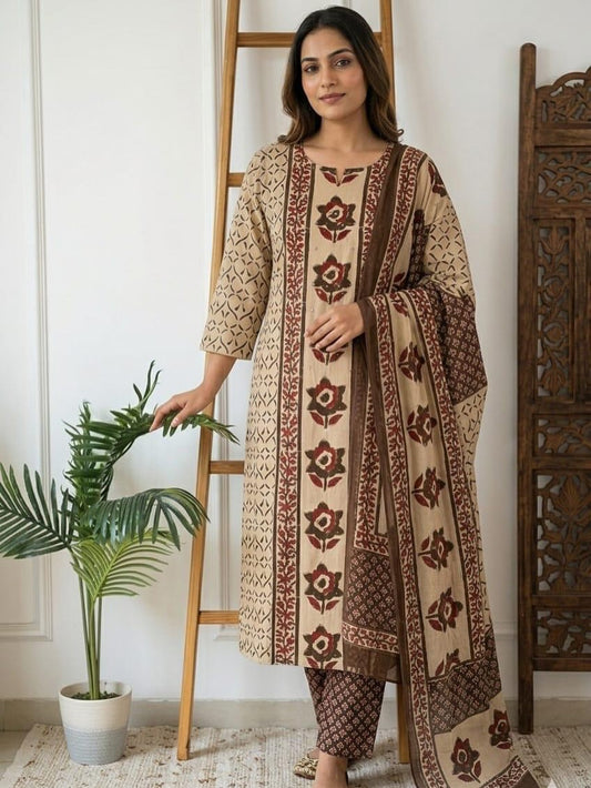 Beige Brown Printed Handwork Kurta and Pant Set with Dupatta