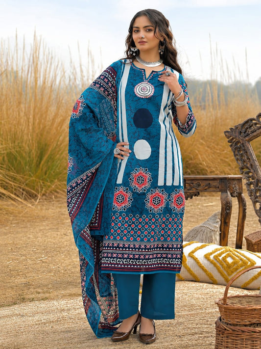 Blue Printed Handwork Cotton Kurta and Pant Set with Dupatta