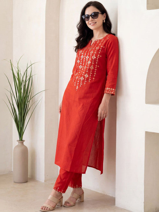 Red Mirror Work Embroidered Cotton Flex Kurta and Pant Set