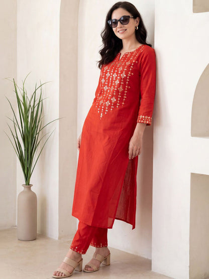 Red Mirror Work Embroidered Cotton Flex Kurta and Pant Set