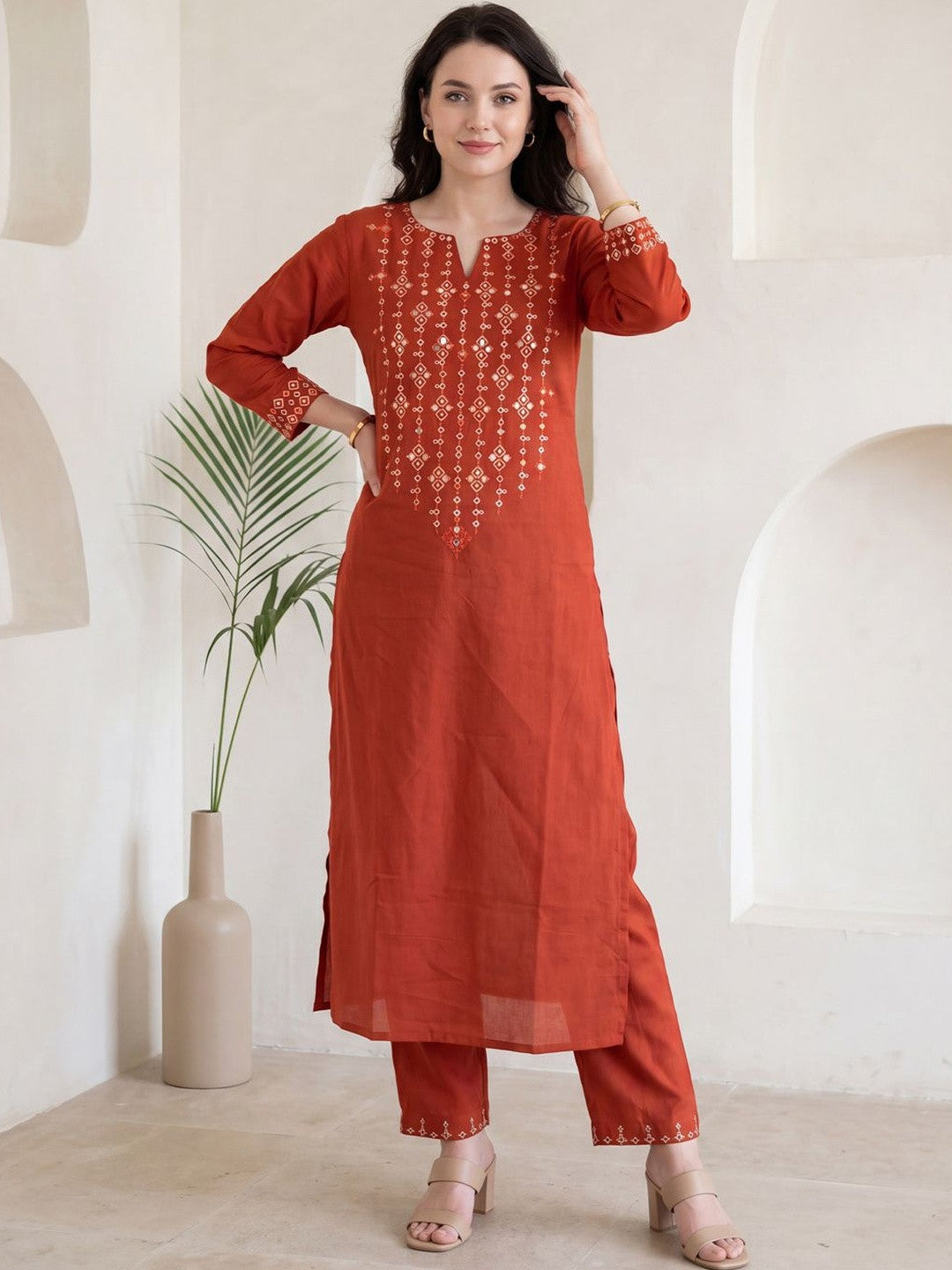 Red Mirror Work Embroidered Cotton Flex Kurta and Pant Set