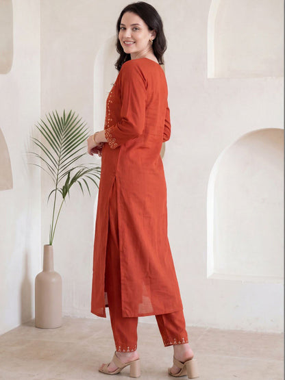 Red Mirror Work Embroidered Cotton Flex Kurta and Pant Set