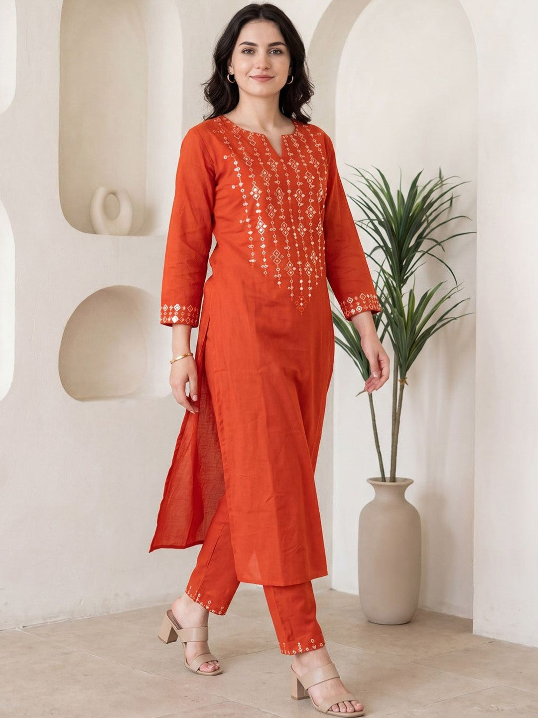 Red Mirror Work Embroidered Cotton Flex Kurta and Pant Set