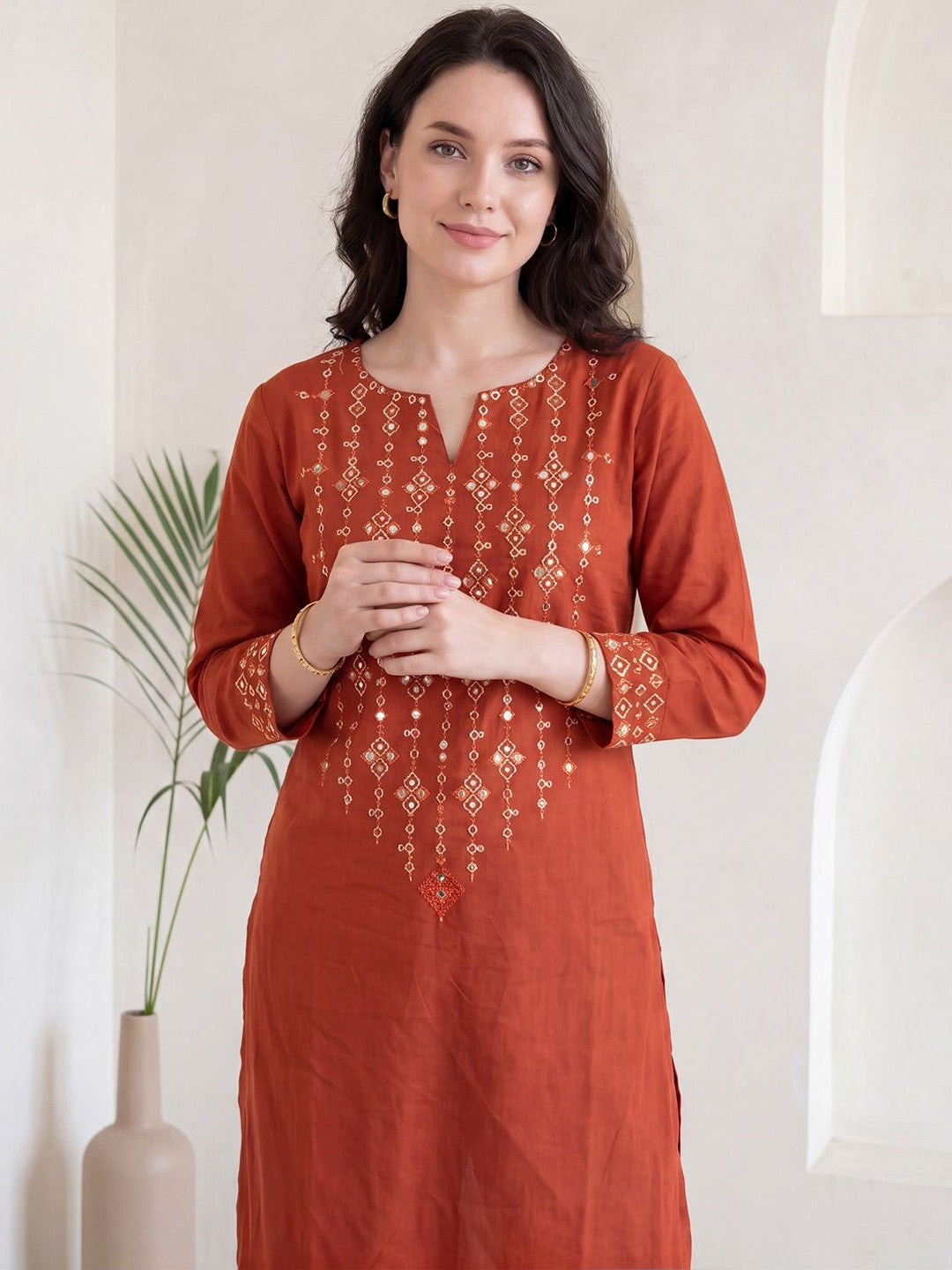 Red Mirror Work Embroidered Cotton Flex Kurta and Pant Set