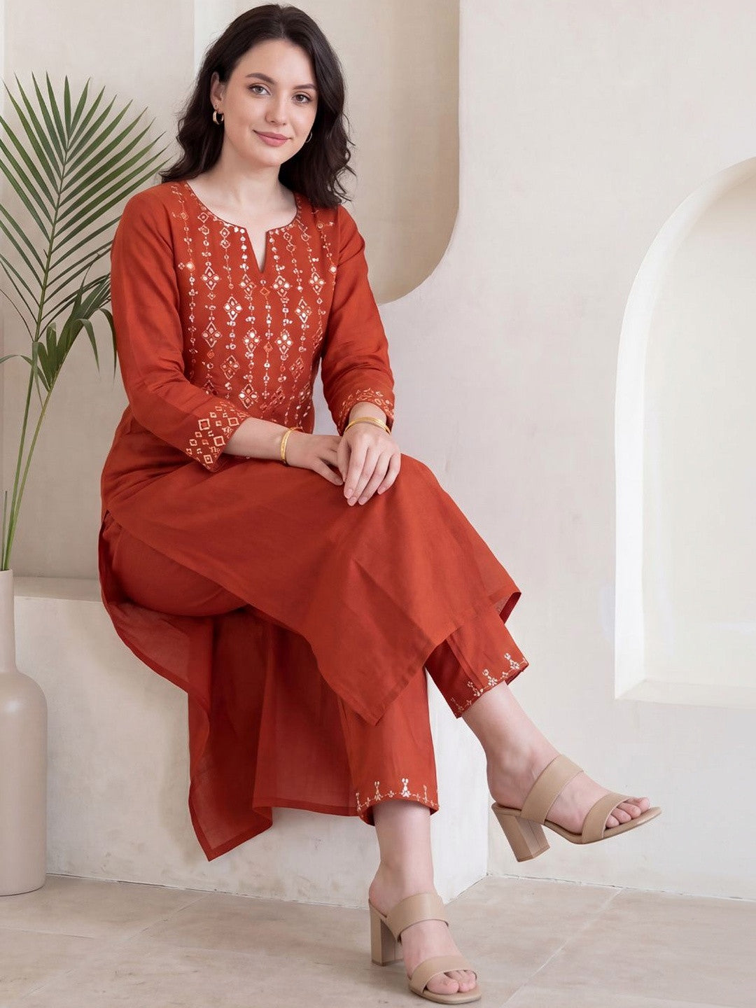 Red Mirror Work Embroidered Cotton Flex Kurta and Pant Set
