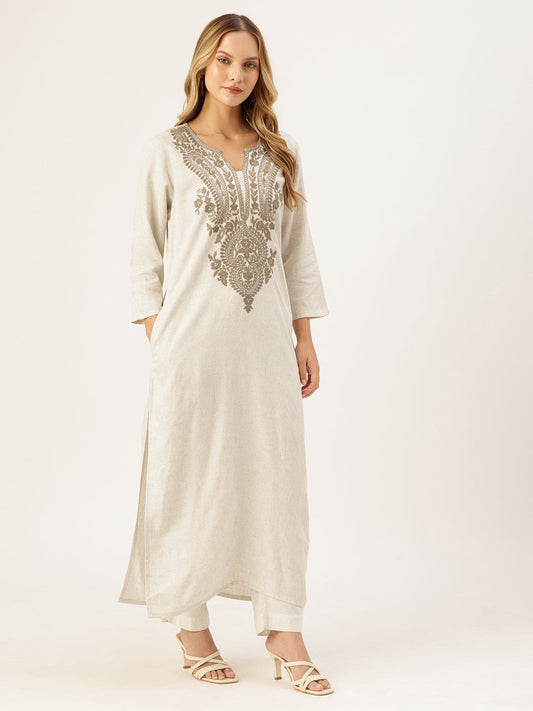 Off White Embroidered Cotton Flex Kurta and Pant Set