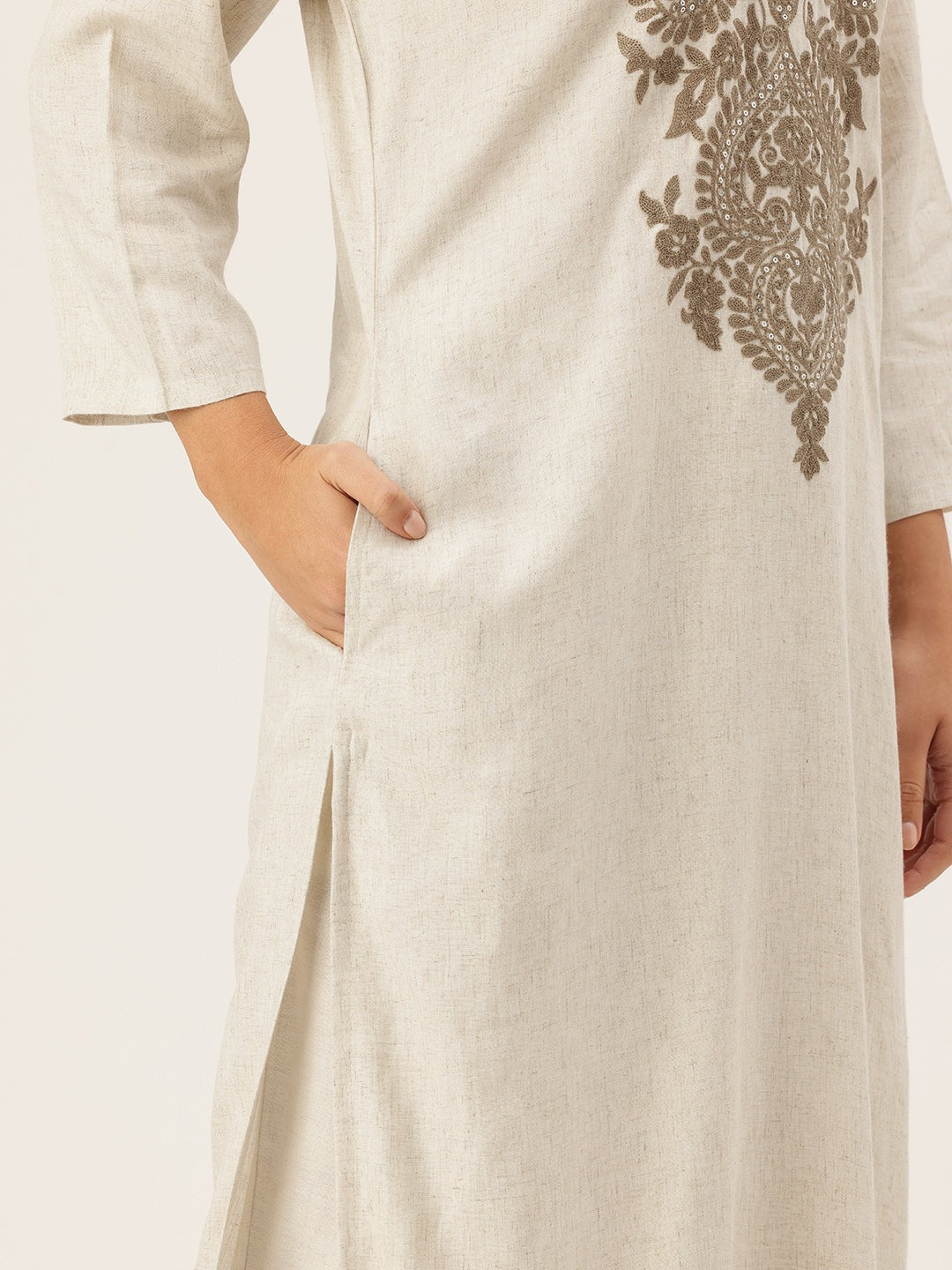 Off White Embroidered Cotton Flex Kurta and Pant Set