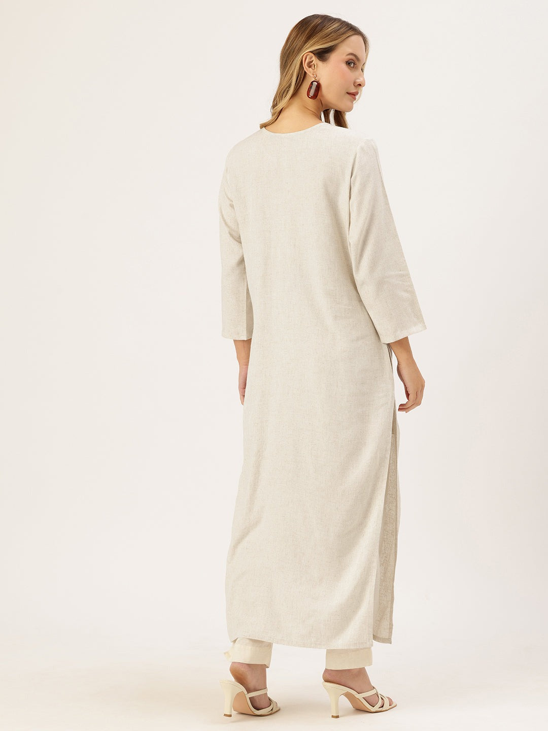 Off White Embroidered Cotton Flex Kurta and Pant Set