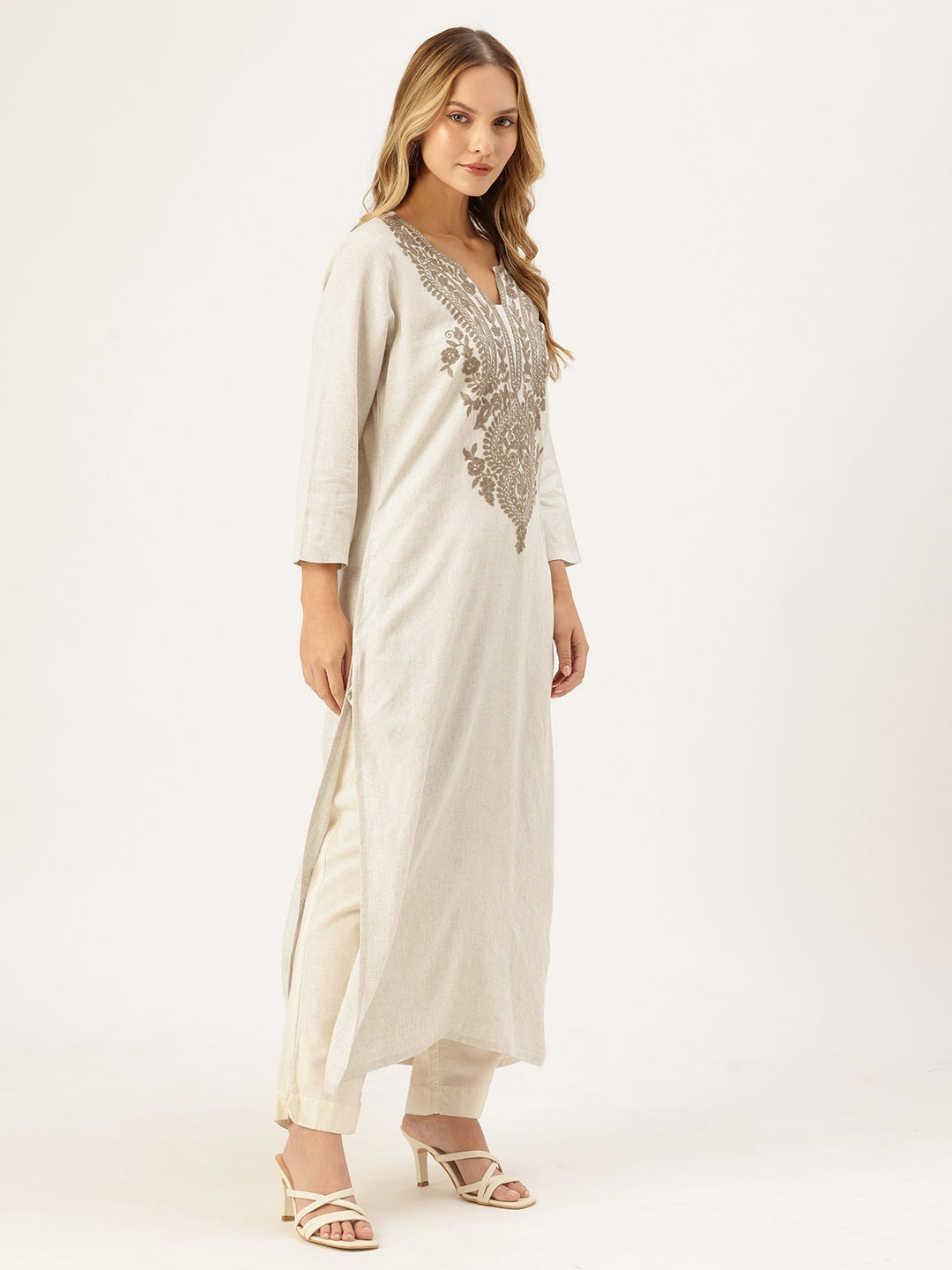 Off White Embroidered Cotton Flex Kurta and Pant Set