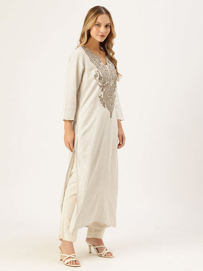 Off White Embroidered Cotton Flex Kurta and Pant Set