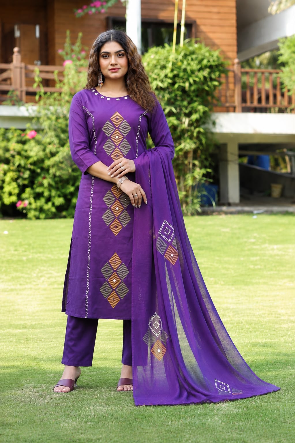 Purple Printed Muslin Kurta and Pant Set with Dupatta