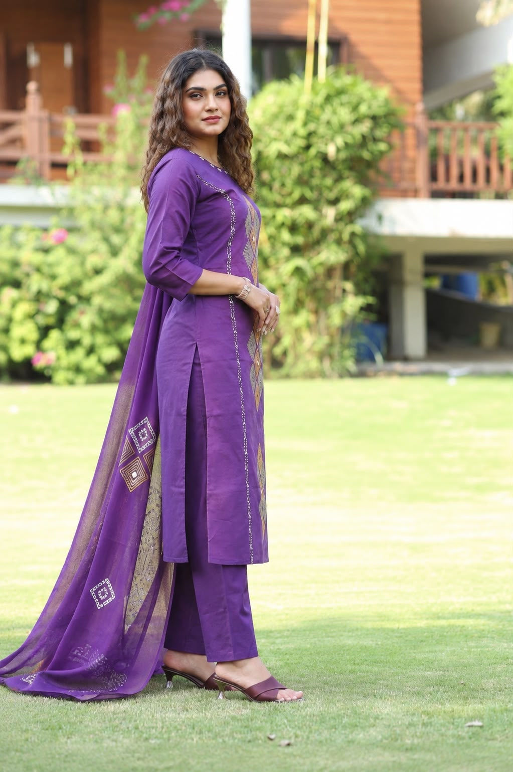 Purple Printed Muslin Kurta and Pant Set with Dupatta