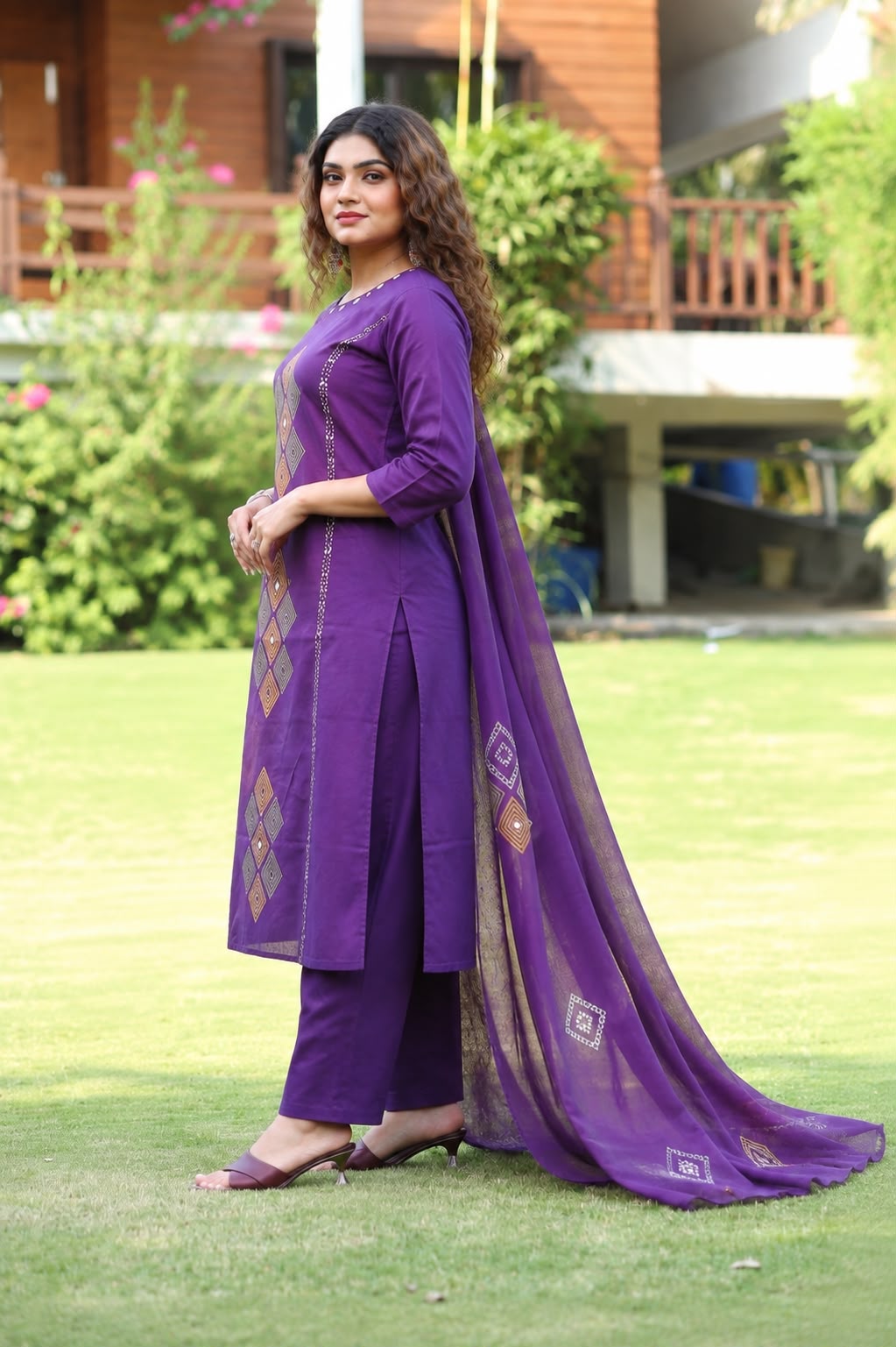 Purple Printed Muslin Kurta and Pant Set with Dupatta