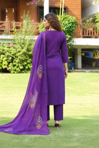 Purple Printed Muslin Kurta and Pant Set with Dupatta