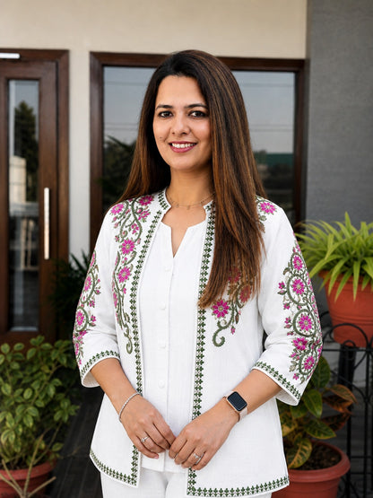 White Embroidered Cotton Flex Top and Pant Set with Jacket