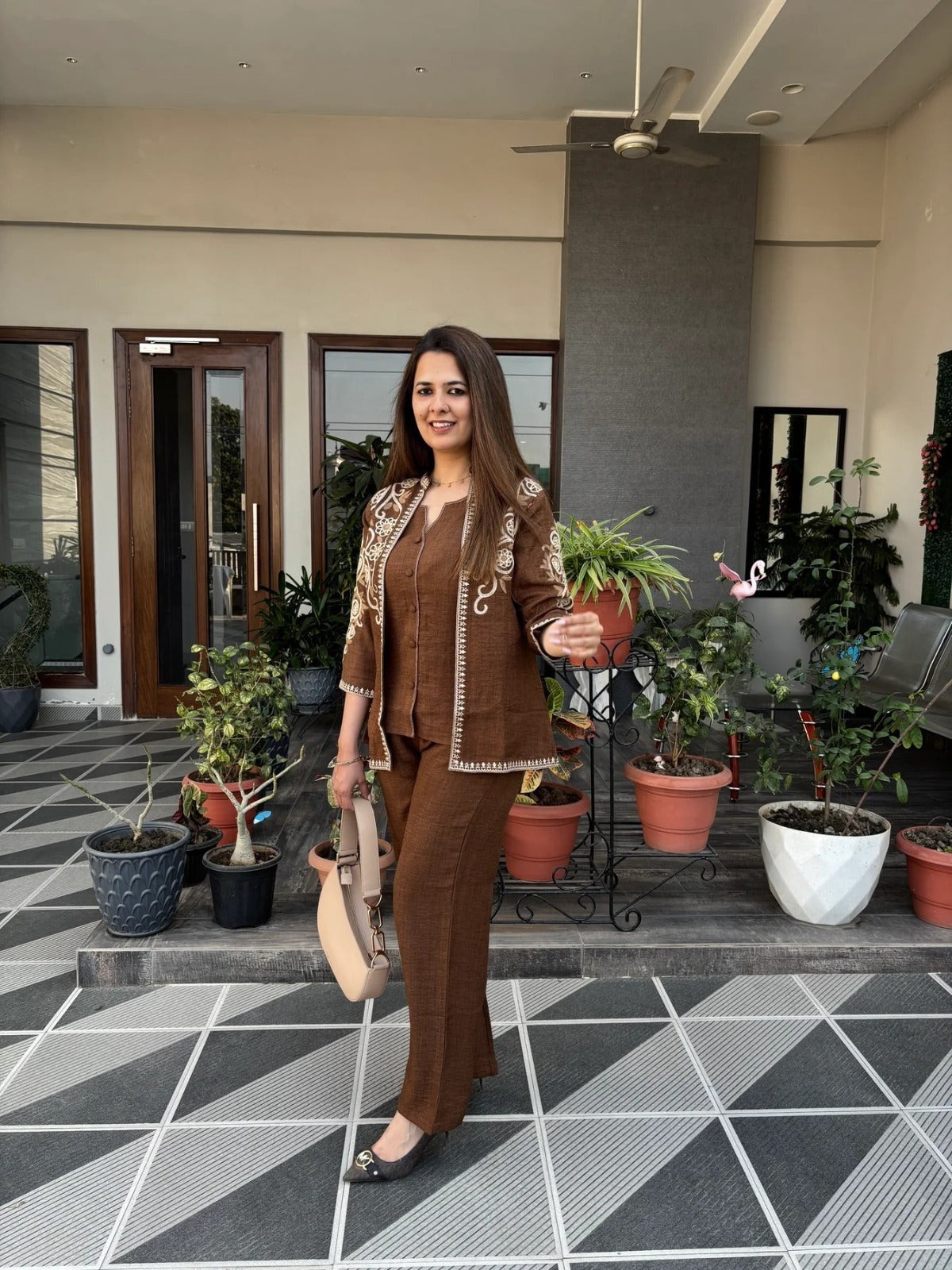 Brown Embroidered Cotton Flex Top and Pant Set with Jacket